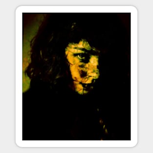 Beautiful girl, in dark yellow green lighting. Some splatters of blood. Dark and beautiful. Sticker